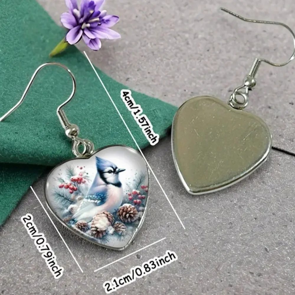 christmas fall bird Heart-Shaped Blue Silver crystal glass dangling GiftEarrings